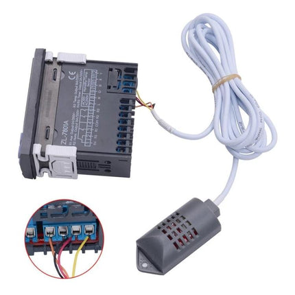 Automatic Temperature and Humidity Controller for Indoor Use digital controller unit with sensor probe and wiring shown