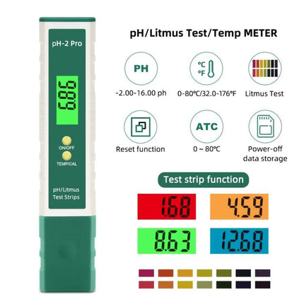 PH-2 Pro Litmus pH Meter for Water Quality Testing digital pH tester with LCD, temp, litmus test and test strip function for aquariums hydroponics pools