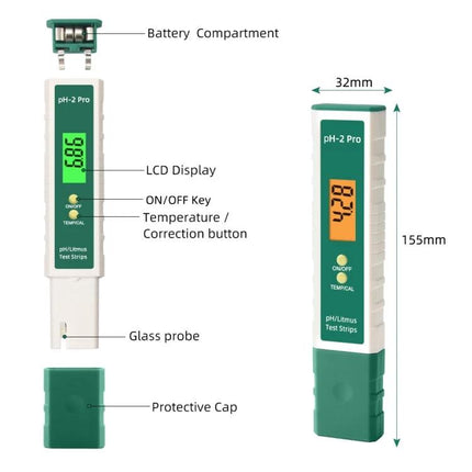 PH-2 Pro Litmus pH Meter for Water Quality Testing digital pH tester with LCD, glass probe, protective cap and battery compartment for aquariums and pools