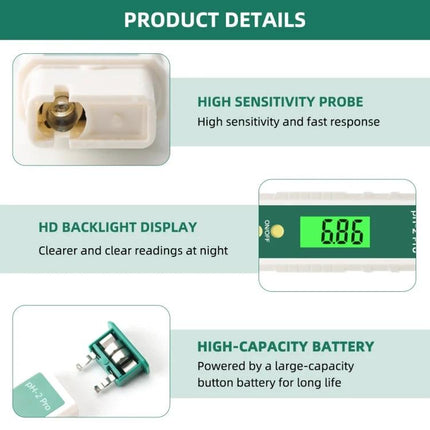 PH-2 Pro Litmus pH Meter for Water Quality Testing showing high sensitivity probe, HD backlight display reading 6.86, and high-capacity battery