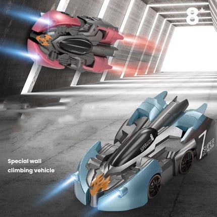 Discover a Remote Control Car for Kids' Indoor Wall Adventures - blue wall-climbing RC car racing on vertical glass