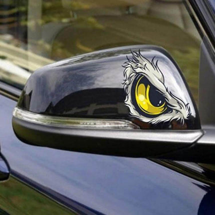 Reflective 3D Eye Car Sticker for Rearview Mirror Decoration on black side mirror, reflective yellow 3D eye decal for night visibility