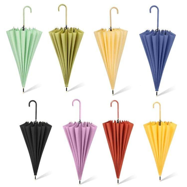 Straight Umbrella with Wooden Handle and Color Options showing multiple folded umbrellas in different colors with wooden curved handles