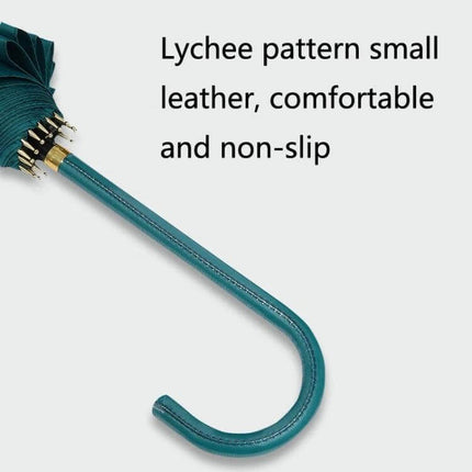 Straight Umbrella with Wooden Handle and Color Options featuring teal lychee-pattern small leather non-slip curved handle