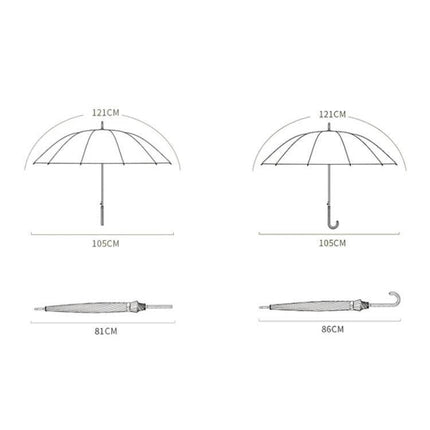 Straight Umbrella with Wooden Handle and Color Options showing dimensions and open/closed views for classic wooden-handle designs