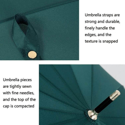 Straight Umbrella with Wooden Handle and Color Options close-up showing green canopy, strap, stitching and metal ferrule