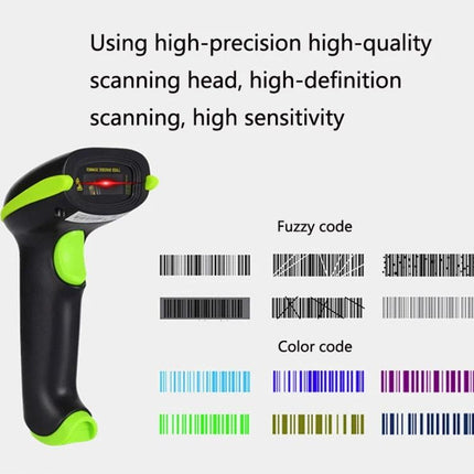 Wireless Laser Barcode Scanner for Supermarket Inventory Use handheld scanner with green accents scanning various fuzzy and color barcodes for retail inventory management