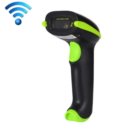 Wireless Laser Barcode Scanner for Supermarket Inventory Use handheld wireless laser scanner with green accents for retail inventory tasks