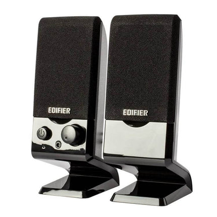Edifier Compact USB Desktop Speaker Black For Laptop Use showing compact black USB speakers on desk
