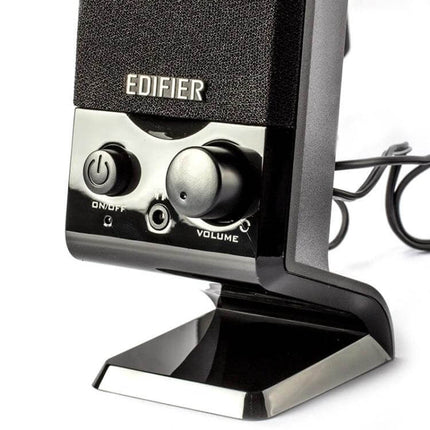 Edifier Compact USB Desktop Speaker Black For Laptop Use front view showing power button, volume knob and headphone jack on glossy stand