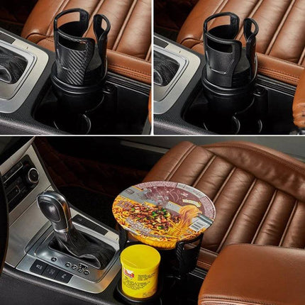 Multi Function Car Cup Rack Matt Black For Drinks And Phones shown installed in car center console holding cup, phone and small container
