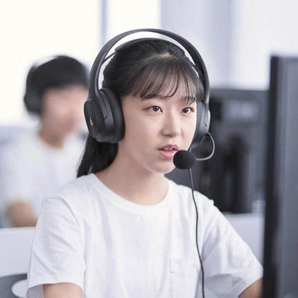 Edifier USB Headset For Online Learning With Noise Mic worn by student in virtual class with noise‑reduction mic and long 2.8m cable