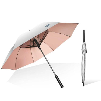 Stylish Long-Handle Umbrella with Built-in Fan for Sun and Rain Protection, rose gold inner canopy and long black handle