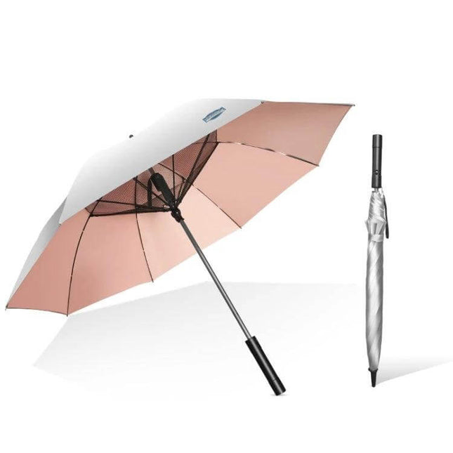 Stylish Long-Handle Umbrella with Built-in Fan for Sun and Rain Protection, rose gold inner canopy and long black handle