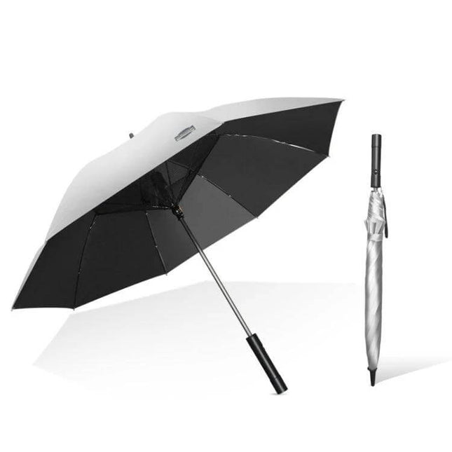 Stylish Long-Handle Umbrella with Built-in Fan for Sun and Rain Protection - silver double-layer canopy, cooling fan, UV and rain shield