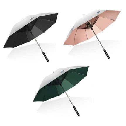 Stylish Long-Handle Umbrella with Built-in Fan for Sun and Rain Protection — three color options with integrated fan for cooling and UV/rain shielding