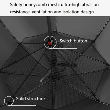 Stylish Long-Handle Umbrella with Built-in Fan for Sun and Rain Protection showing internal honeycomb mesh, switch button and solid structure