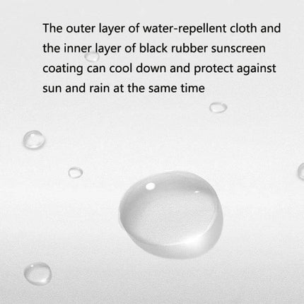 Stylish Long-Handle Umbrella with Built-in Fan for Sun and Rain Protection showing water-repellent fabric and cooling black rubber sunscreen coating