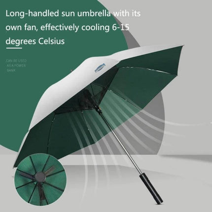 Stylish Long-Handle Umbrella with Built-in Fan for Sun and Rain Protection showcasing green canopy, integrated fan and long handle for cooling and UV rain shield