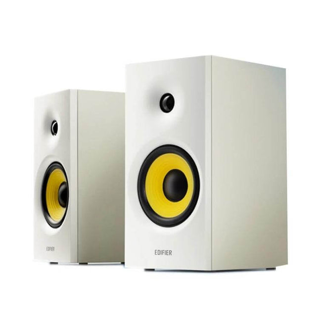 Edifier Bluetooth Desktop Speakers For Home Office Casual Listening white bookshelf speakers with yellow woofers