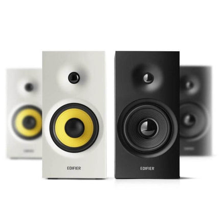 Edifier Bluetooth Desktop Speakers For Home Office Casual Listening compact white and black bookshelf speakers with yellow woofer