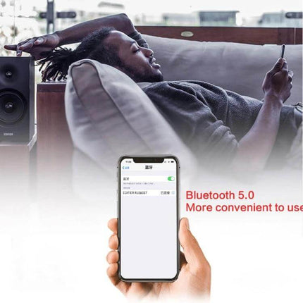 Edifier Bluetooth Desktop Speakers For Home Office Casual Listening shown with phone pairing and relaxed home office setup