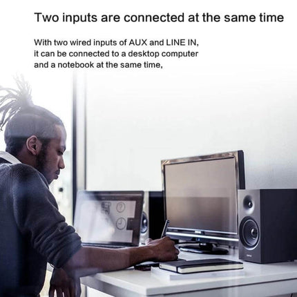 Edifier Bluetooth Desktop Speakers For Home Office Casual Listening showing a user at desk with dual inputs and speakers
