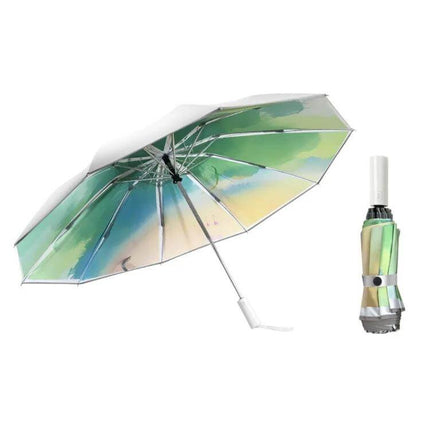 Automatic Folding Umbrella for Rain and Sun Protection in Various Colors - compact green watercolor print, automatic one-button folding umbrella