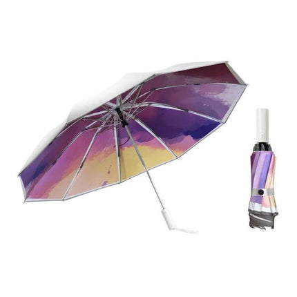 Automatic Folding Umbrella for Rain and Sun Protection in Various Colors — purple sunset print, automatic one-button compact umbrella