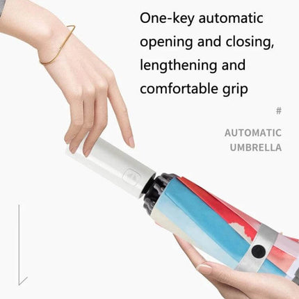 Automatic Folding Umbrella for Rain and Sun Protection in Various Colors showing one-key automatic opening and comfortable grip, quick-dry fabric