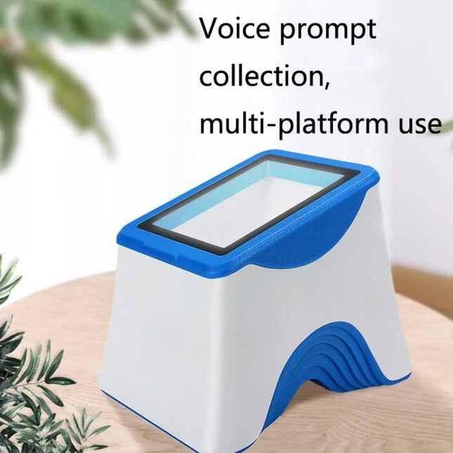 Portable QR Code Scanner for Supermarket and Retail Cashier Use on counter showing compact white blue scanner with touchscreen