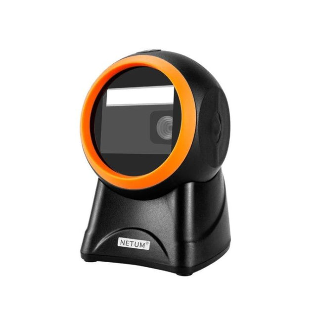 NETUM Vertical Barcode Scanner for Supermarket Cashiers — compact vertical scanner with orange bezel for fast checkout and mobile screen scanning