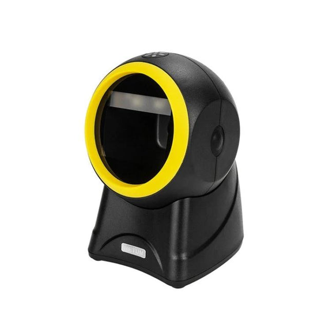 NETUM Vertical Barcode Scanner for Supermarket Cashiers showing black desktop scanner with yellow ring, CMOS imaging for barcodes and mobile payments