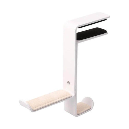 Metal Earphone Holder For Desk Black Compact Stand holding earbuds and small headphones on a tidy white desk