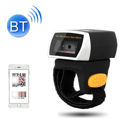 NETUM Wireless Bluetooth Ring Scanner for Hands-Free Scanning on wrist with QR code shown on phone