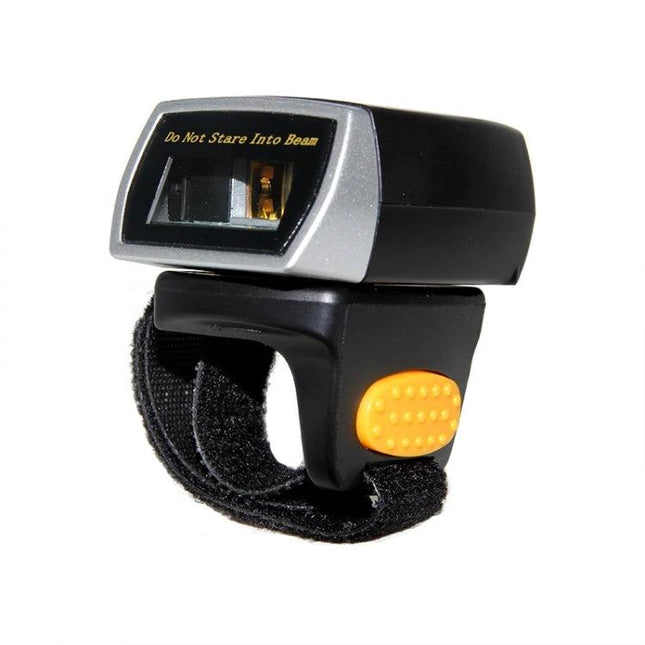 NETUM Wireless Bluetooth Ring Scanner for Hands-Free Scanning black wearable barcode ring with wrist strap and orange button