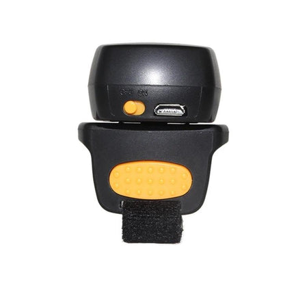 NETUM Wireless Bluetooth Ring Scanner for Hands-Free Scanning front view showing power switch, micro USB port and adjustable finger strap