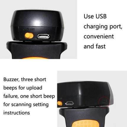 NETUM Wireless Bluetooth Ring Scanner for Hands-Free Scanning showing USB charging port and buzzer indicators