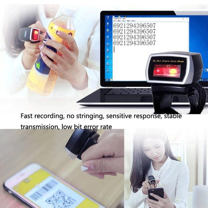 NETUM Wireless Bluetooth Ring Scanner for Hands-Free Scanning used by warehouse worker scanning barcode from bottle and mobile device