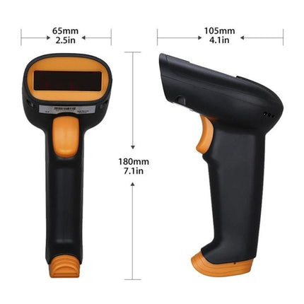 Wireless Two-Dimensional Barcode Scanner for Daily Use handheld black and orange scanner with dimensions shown