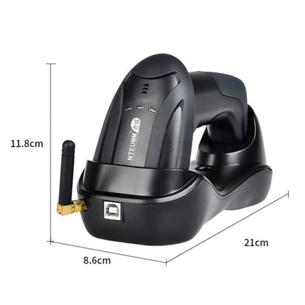 NETUM H8 Wireless Barcode Scanner for Supermarket Use handheld scanner in charging cradle with dimensions visible