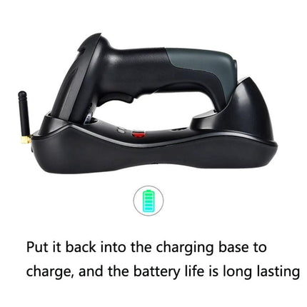 NETUM H8 Wireless Barcode Scanner for Supermarket Use resting on its charging base showing ergonomic handle and long-lasting battery