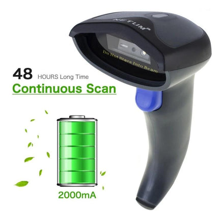 NETUM Wireless and Wired Barcode QR Code Scanner handheld scanner showing 48-hour continuous scan and 2000mA battery