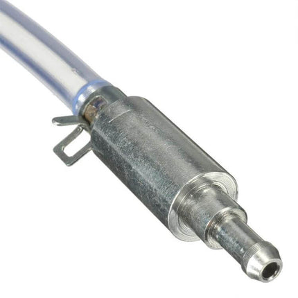 Vecligt Brake Bleeder Kit With One-Way Valve And Clear Hose 45cm – close-up of clear hose and metal one-way valve connector for brake bleeding