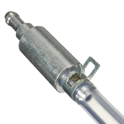 Vecligt Brake Bleeder Kit With One-Way Valve And Clear Hose 45cm close-up of metal one-way valve and clear hose for bleeding brakes