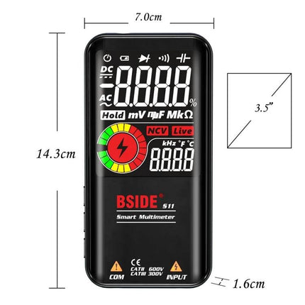 BSIDE Digital Multimeter for Voltage and Capacitance Testing showing 3.5-inch display, NCV indicator, measurement icons and compact handheld design