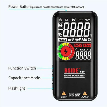 BSIDE Digital Multimeter for Voltage and Capacitance Testing showing 3.5-inch display, NCV indicator, function switch and capacitance mode
