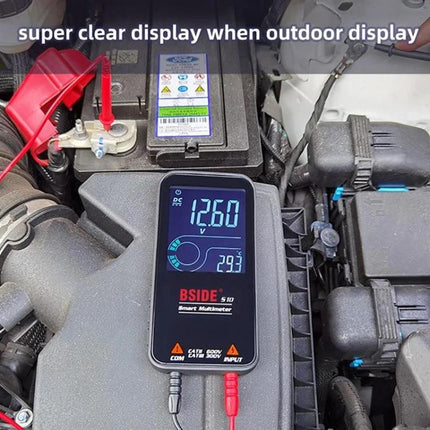 BSIDE Digital Multimeter for Voltage and Capacitance Testing showing 12.60V reading on a clear 3.5-inch display in a car engine bay
