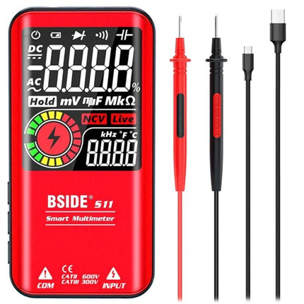 BSIDE Digital Multimeter for Voltage and Capacitance Testing red handheld multimeter with probes and USB-C charging, 3.5-inch display