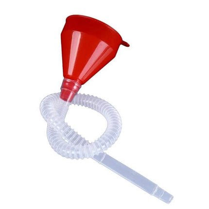 Plastic Funnel for Pouring Oil into Vehicles with Soft Pipe - red plastic funnel with clear flexible hose for spill-free oil pouring